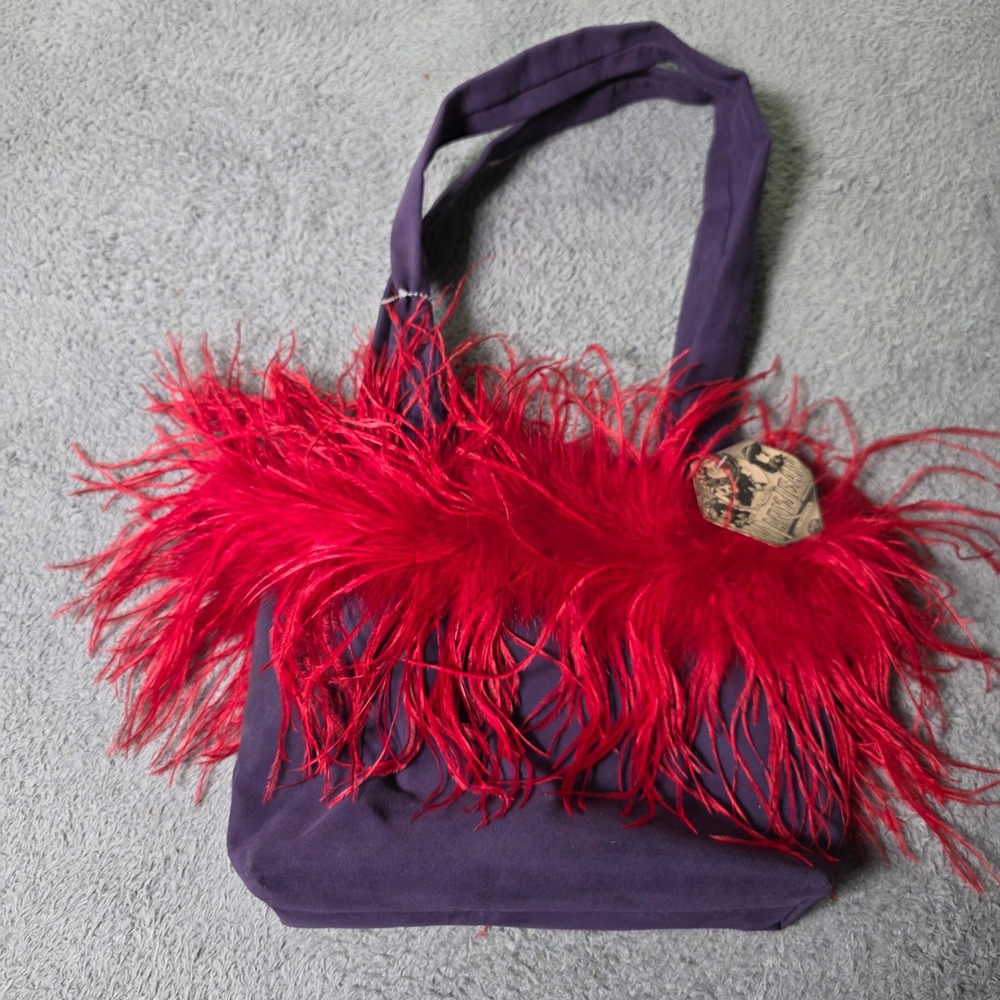 Mary Jean Collection Womens OS Tote Bag Purple Red Feather Trim Faux Suede